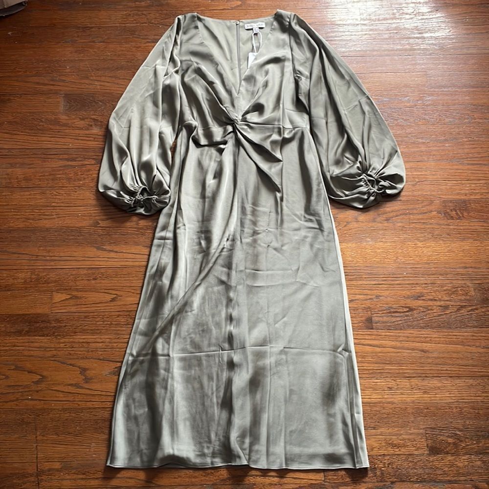 NWT Shona Joy Luxe Balloon Sleeve Knot Front Midi Dress - Eucalyptus